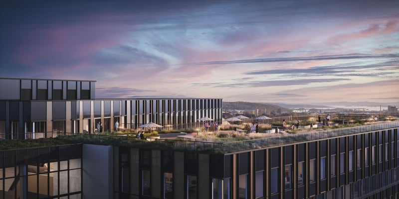 Grønt tak med skybar, treningsmuligheter og egen takhage.