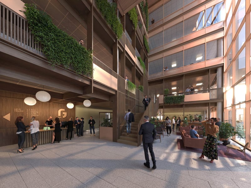 Lyst og åpent  atrium skaper en innbydende atmosfære.  Illustrasjon: A-Lab 