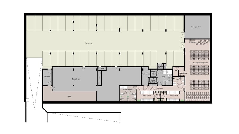 Plantegning U1.  Generisk utkast: interiørarkitekter stilles til rådighet for uttegning i samarbeid med leietaker.