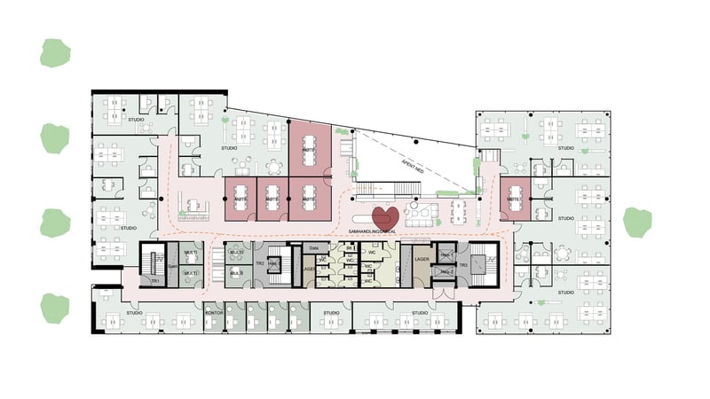 Plantegning Plan 2.  Generisk utkast: interiørarkitekter stilles til rådighet for uttegning i samarbeid med leietaker.