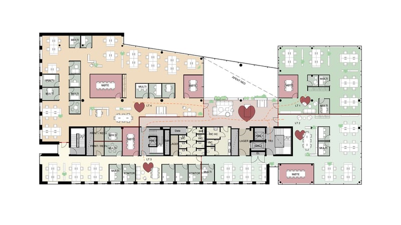 Plantegning Plan 3.  Generisk utkast: interiørarkitekter stilles til rådighet for uttegning i samarbeid med leietaker.