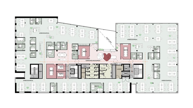 Plantegning Plan 4.  Generisk utkast: interiørarkitekter stilles til rådighet for uttegning i samarbeid med leietaker.