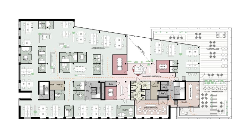 Plantegning Plan 5.  Generisk utkast: interiørarkitekter stilles til rådighet for uttegning i samarbeid med leietaker.