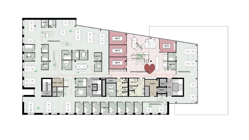 Plantegning Plan 6.  Generisk utkast: interiørarkitekter stilles til rådighet for uttegning i samarbeid med leietaker.