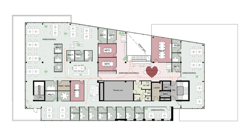 Plantegning Plan 7.  Generisk utkast: interiørarkitekter stilles til rådighet for uttegning i samarbeid med leietaker.